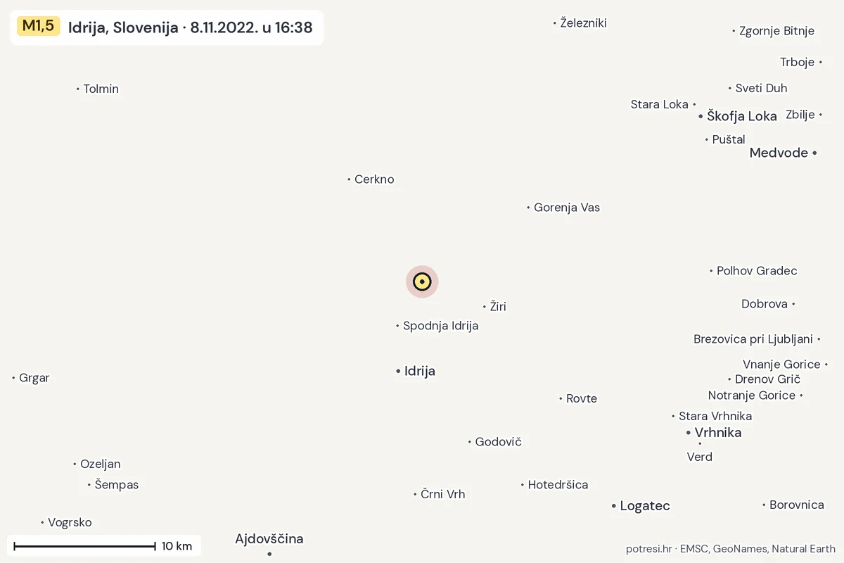 Karta: okolica epicentra, 60 km, potres M1,5, Idrija, Slovenija, 8.11.2022.