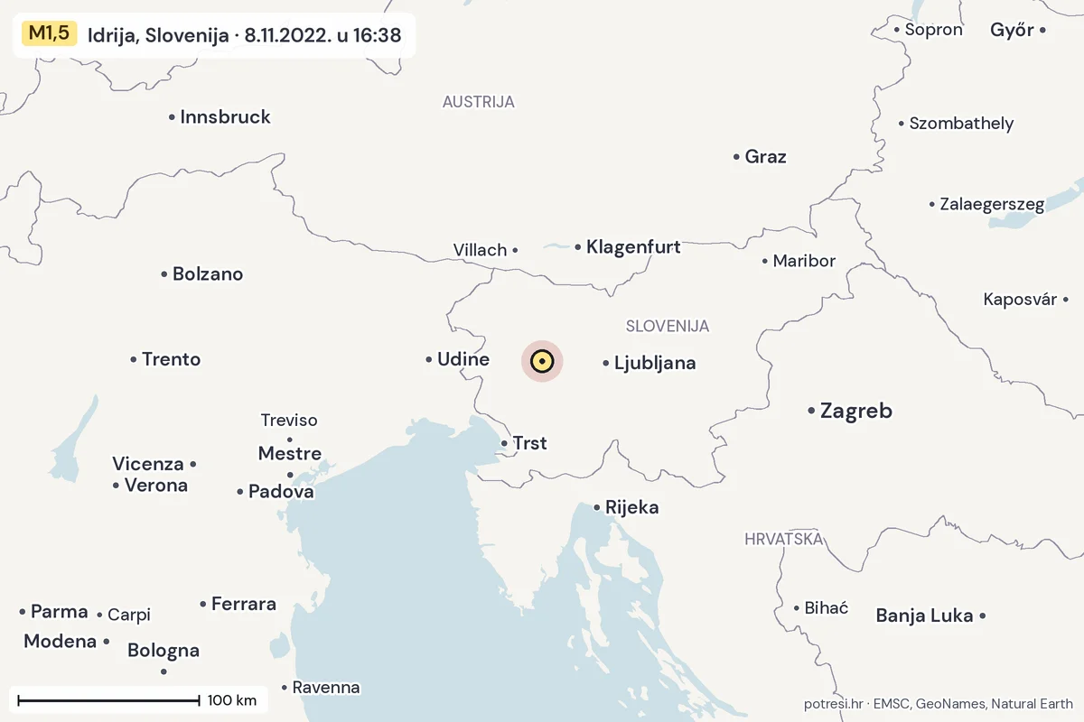 Karta: šire područje, 600 km, potres M1,5, Idrija, Slovenija, 8.11.2022.