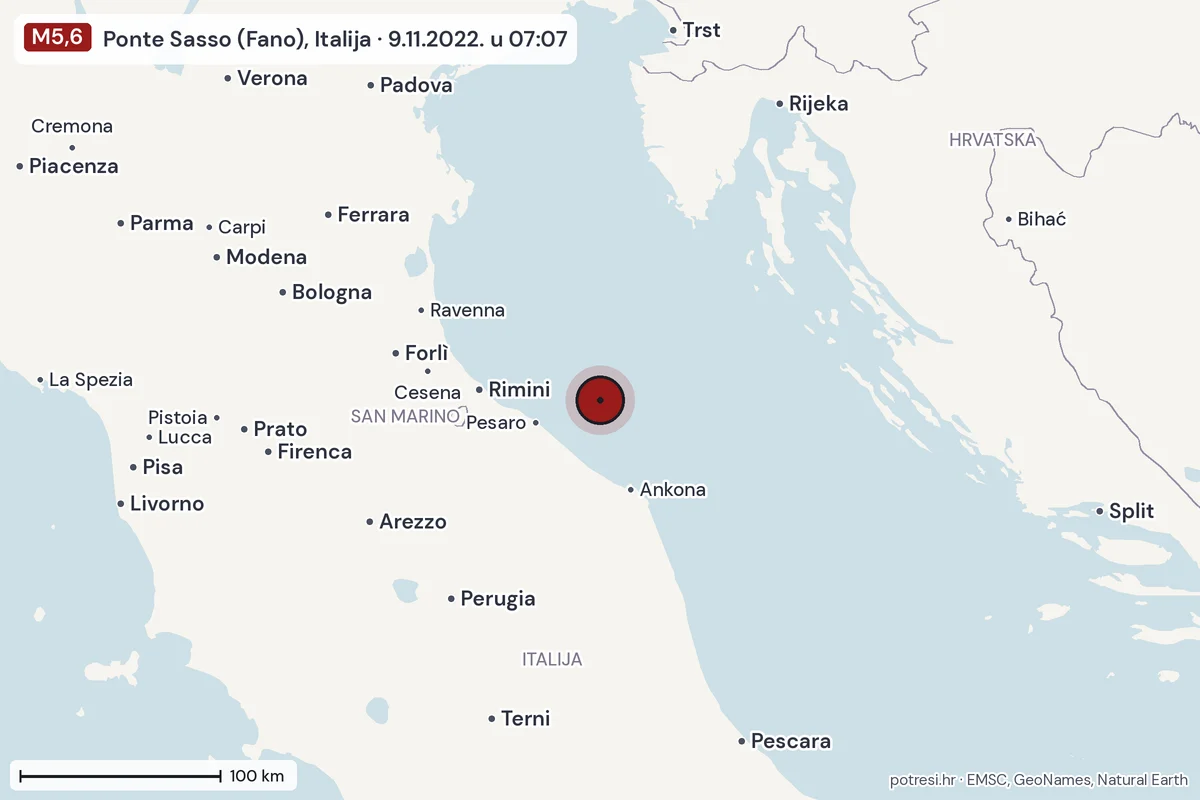 Karta: šire područje, 600 km, potres M5,6, Ponte Sasso (Fano), Italija, 9.11.2022.