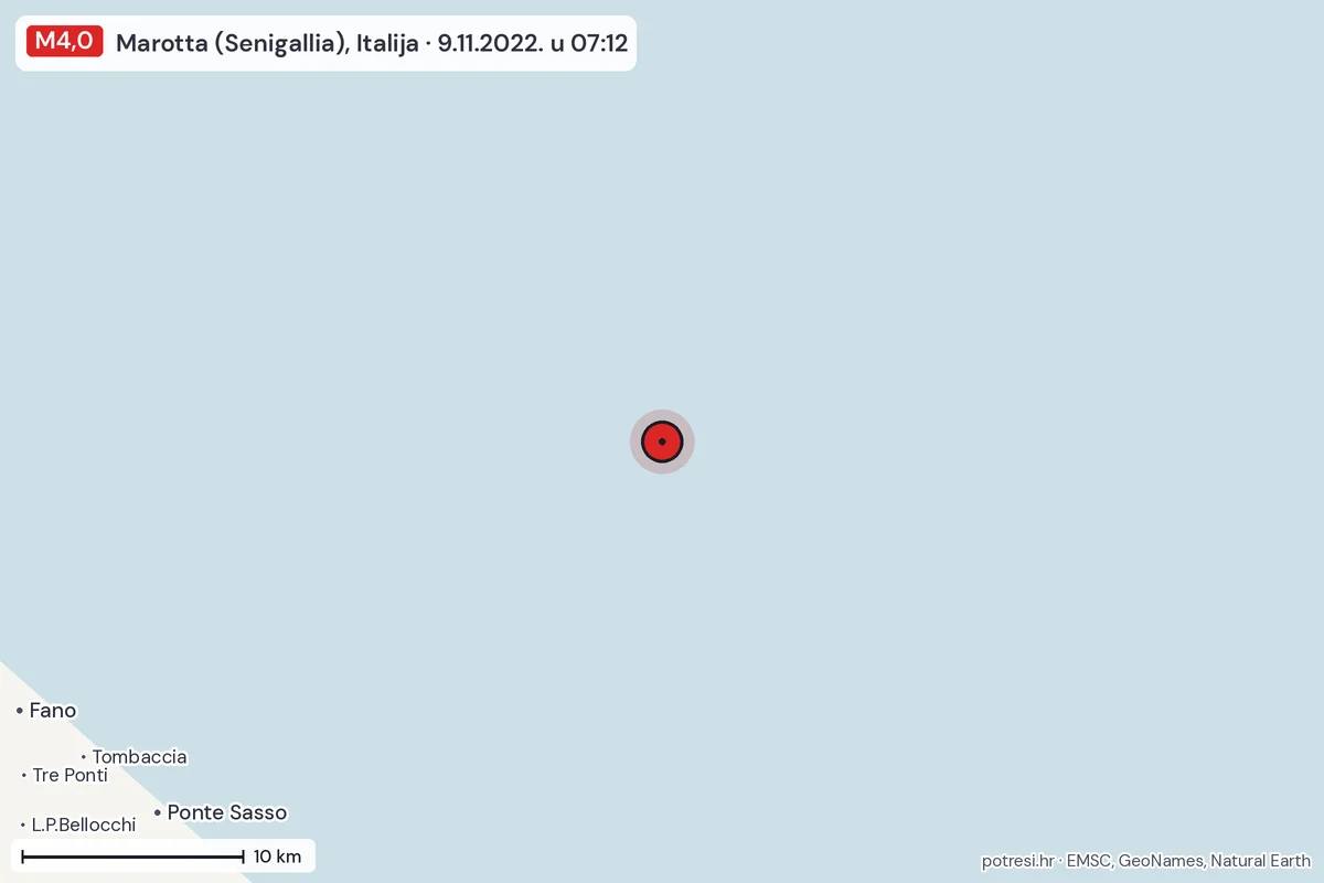 Karta: okolica epicentra, 60 km, potres M4,0, Marotta (Senigallia), Italija, 9.11.2022.