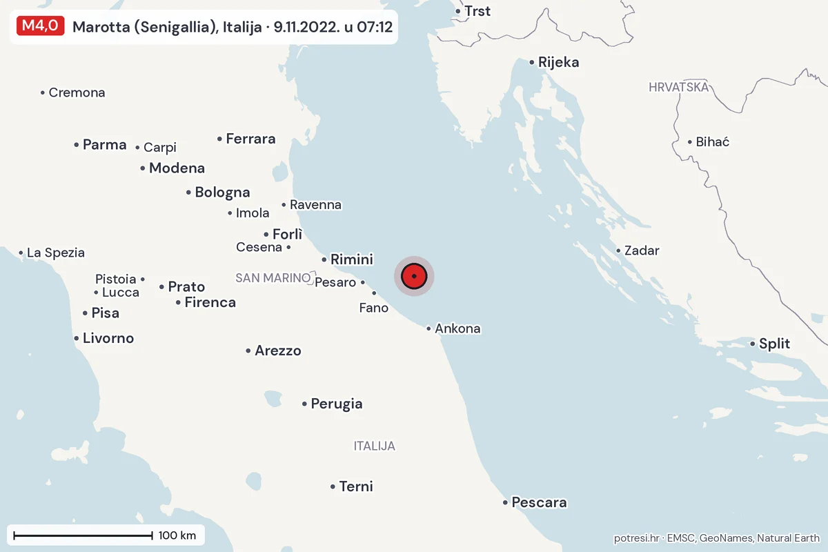 Karta: šire područje, 600 km, potres M4,0, Marotta (Senigallia), Italija, 9.11.2022.