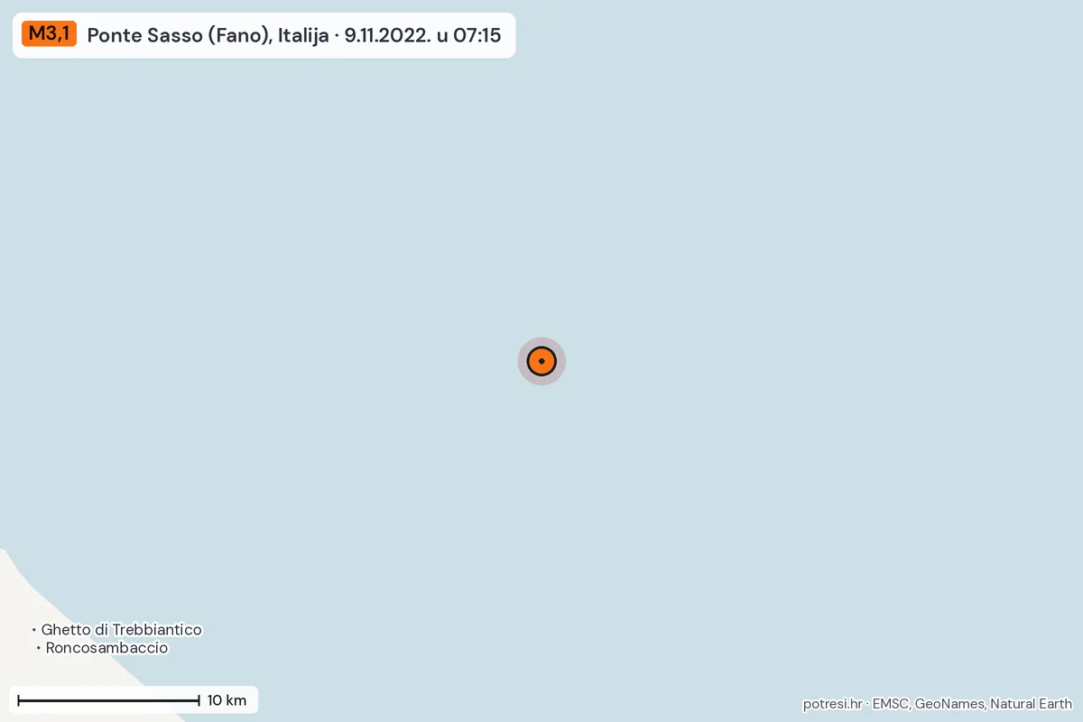 Karta: okolica epicentra, 60 km, potres M3,1, Ponte Sasso (Fano), Italija, 9.11.2022.