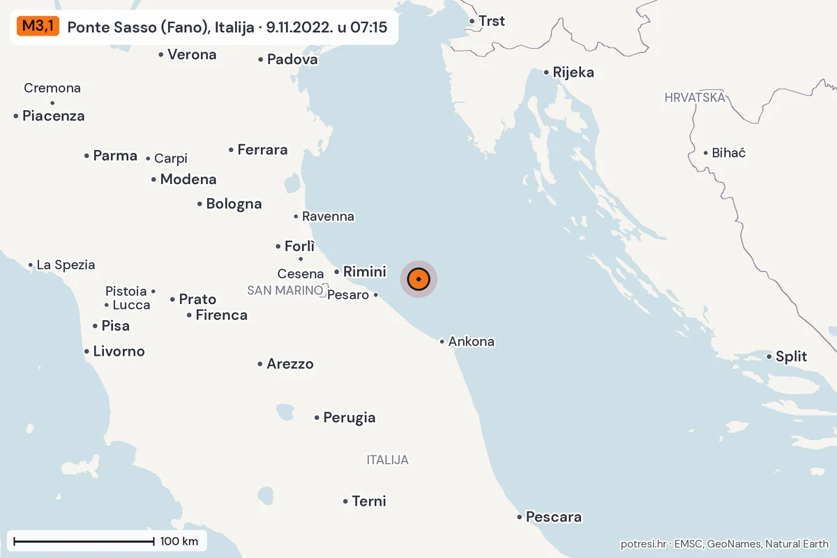 Karta: šire područje, 600 km, potres M3,1, Ponte Sasso (Fano), Italija, 9.11.2022.