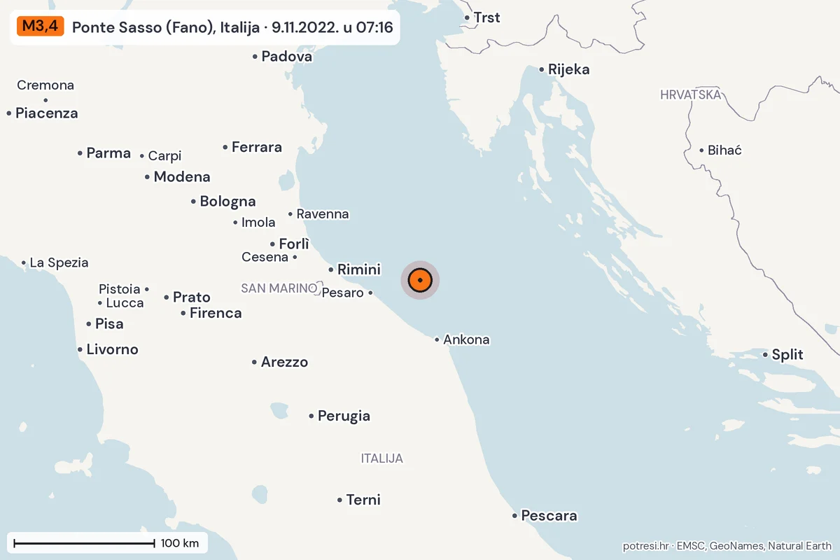 Karta: šire područje, 600 km, potres M3,4, Ponte Sasso (Fano), Italija, 9.11.2022.