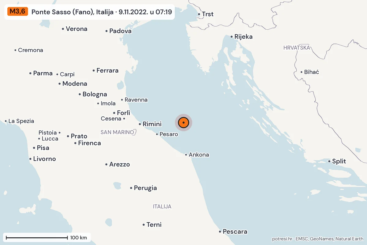 Karta: šire područje, 600 km, potres M3,6, Ponte Sasso (Fano), Italija, 9.11.2022.