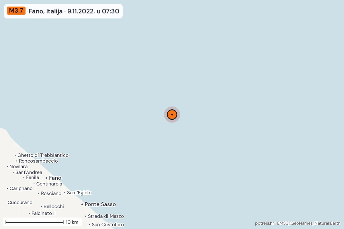 Karta: okolica epicentra, 60 km, potres M3,7, Fano, Italija, 9.11.2022.