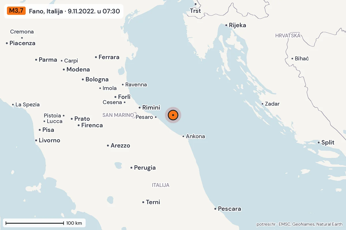 Karta: šire područje, 600 km, potres M3,7, Fano, Italija, 9.11.2022.
