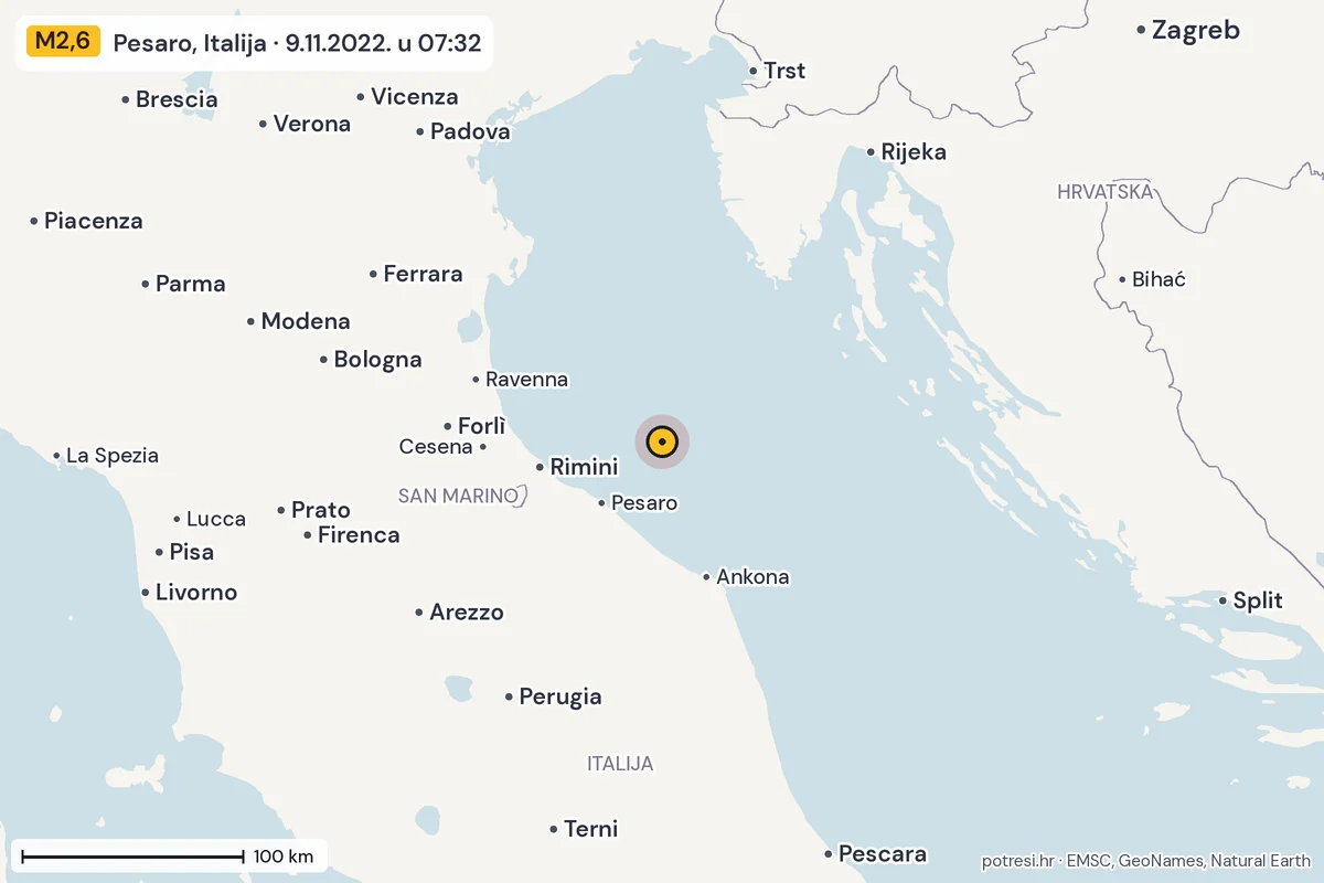 Karta: šire područje, 600 km, potres M2,6, Pesaro, Italija, 9.11.2022.