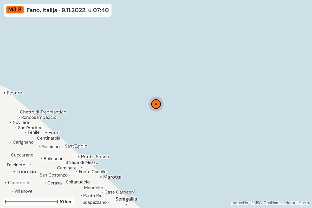 Karta: okolica epicentra, 60 km, potres M3,8, Fano, Italija, 9.11.2022.