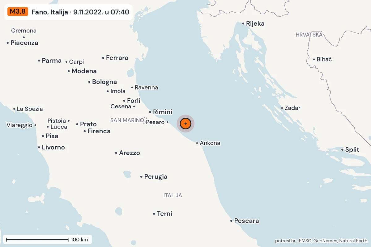 Karta: šire područje, 600 km, potres M3,8, Fano, Italija, 9.11.2022.