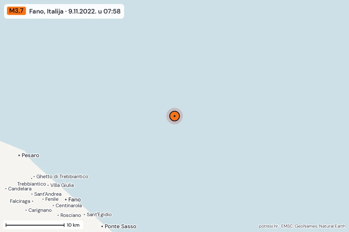 Karta: okolica epicentra, 60 km, potres M3,7, Fano, Italija, 9.11.2022.