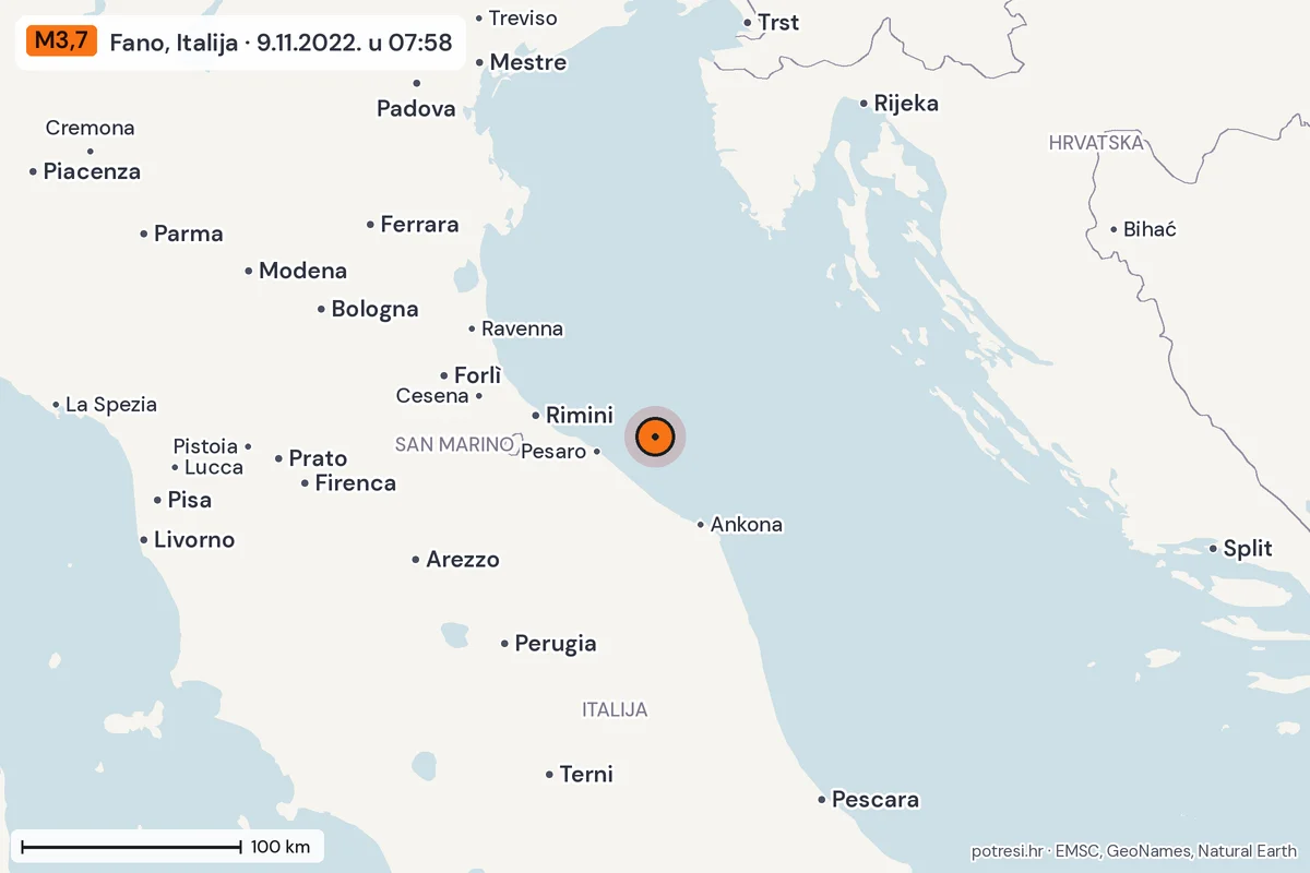 Karta: šire područje, 600 km, potres M3,7, Fano, Italija, 9.11.2022.