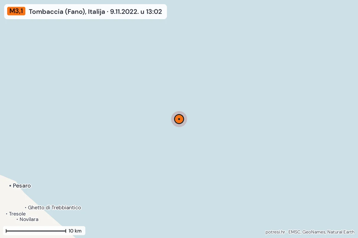 Karta: okolica epicentra, 60 km, potres M3,1, Tombaccia (Fano), Italija, 9.11.2022.