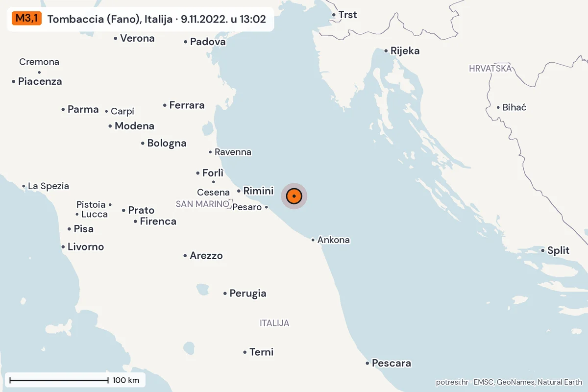 Karta: šire područje, 600 km, potres M3,1, Tombaccia (Fano), Italija, 9.11.2022.