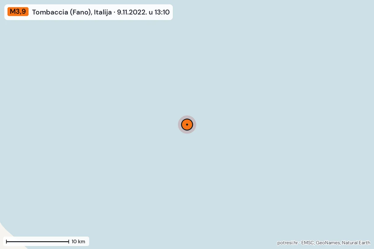 Karta: okolica epicentra, 60 km, potres M3,9, Tombaccia (Fano), Italija, 9.11.2022.
