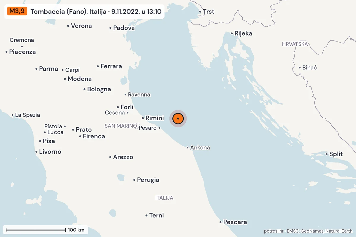 Karta: šire područje, 600 km, potres M3,9, Tombaccia (Fano), Italija, 9.11.2022.