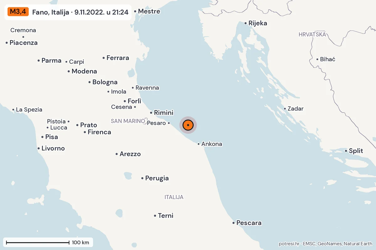 Karta: šire područje, 600 km, potres M3,4, Fano, Italija, 9.11.2022.