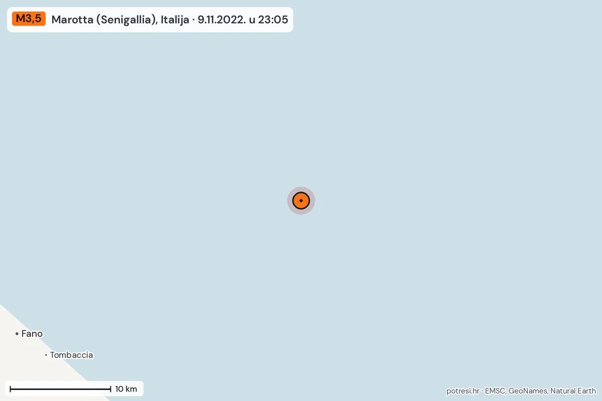 Karta: okolica epicentra, 60 km, potres M3,5, Marotta (Senigallia), Italija, 9.11.2022.