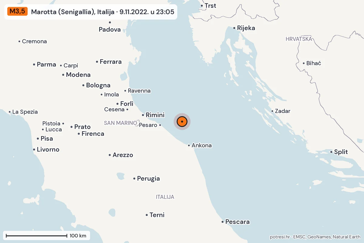 Karta: šire područje, 600 km, potres M3,5, Marotta (Senigallia), Italija, 9.11.2022.