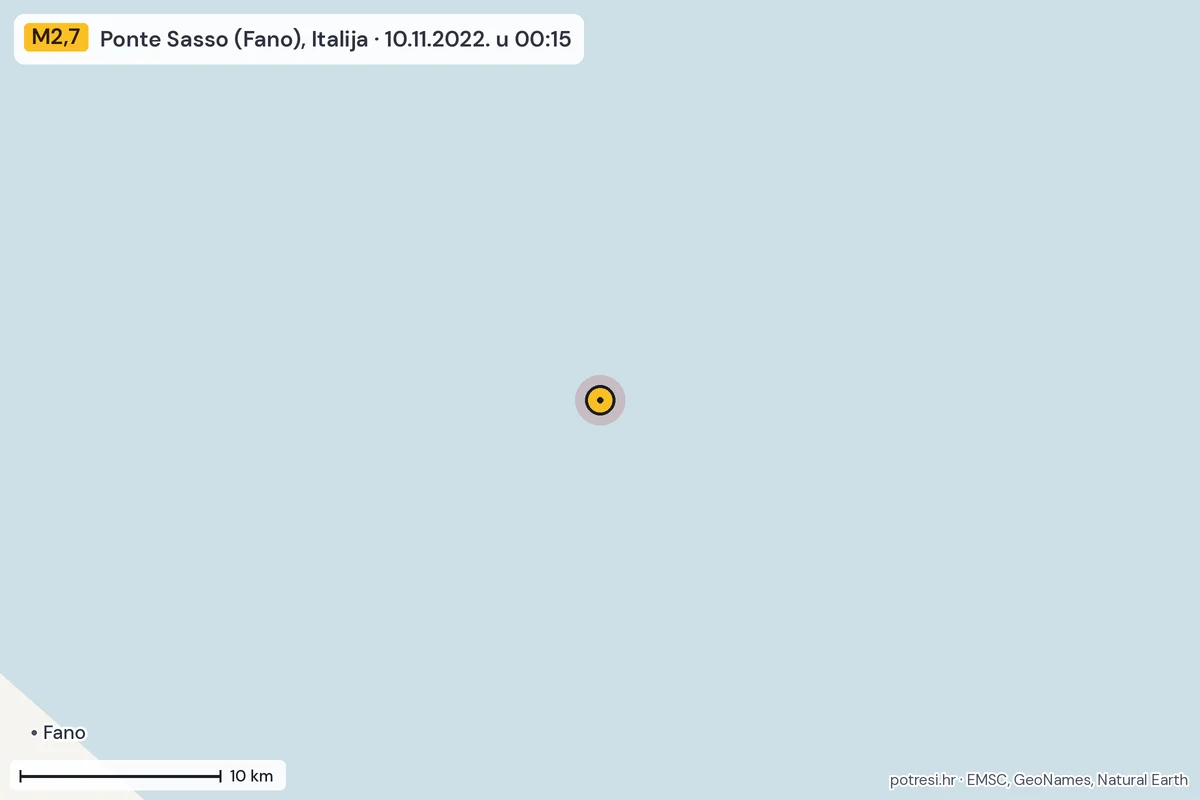 Karta: okolica epicentra, 60 km, potres M2,7, Ponte Sasso (Fano), Italija, 10.11.2022.