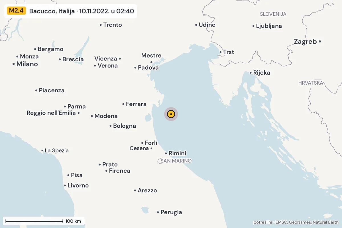 Karta: šire područje, 600 km, potres M2,4, Bacucco, Italija, 10.11.2022.