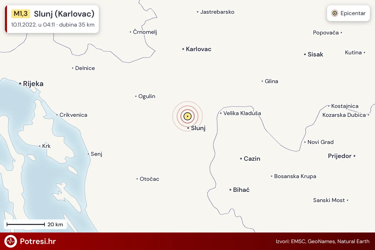 Karta: šire područje i vjerojatni doseg osjeta, potres M1,3, Slunj (Karlovac), 10.11.2022.