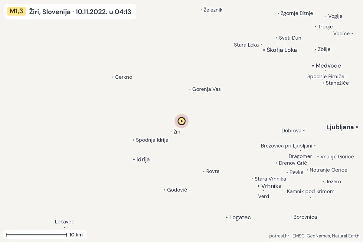 Karta: okolica epicentra, 60 km, potres M1,3, Žiri, Slovenija, 10.11.2022.