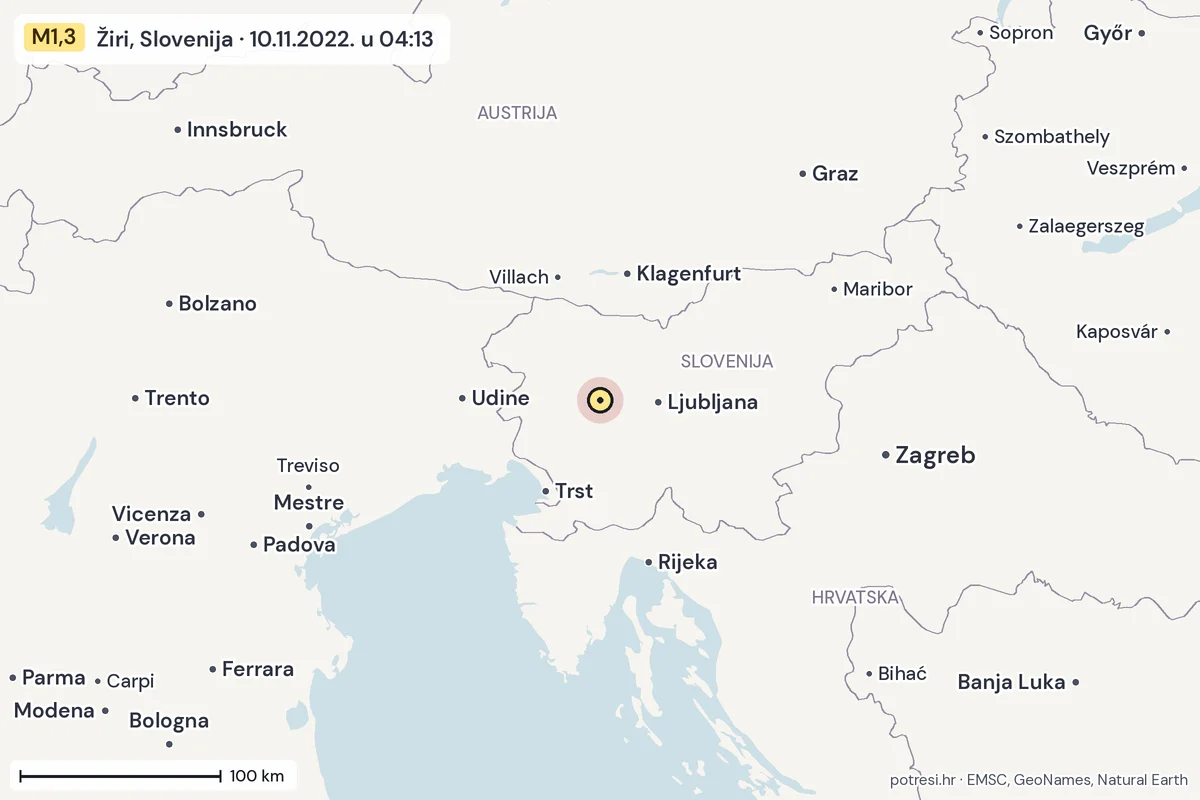 Karta: šire područje, 600 km, potres M1,3, Žiri, Slovenija, 10.11.2022.