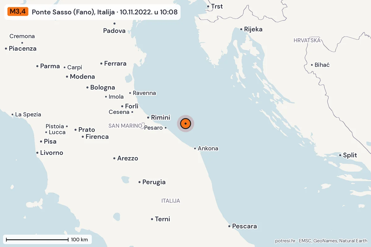 Karta: šire područje, 600 km, potres M3,4, Ponte Sasso (Fano), Italija, 10.11.2022.