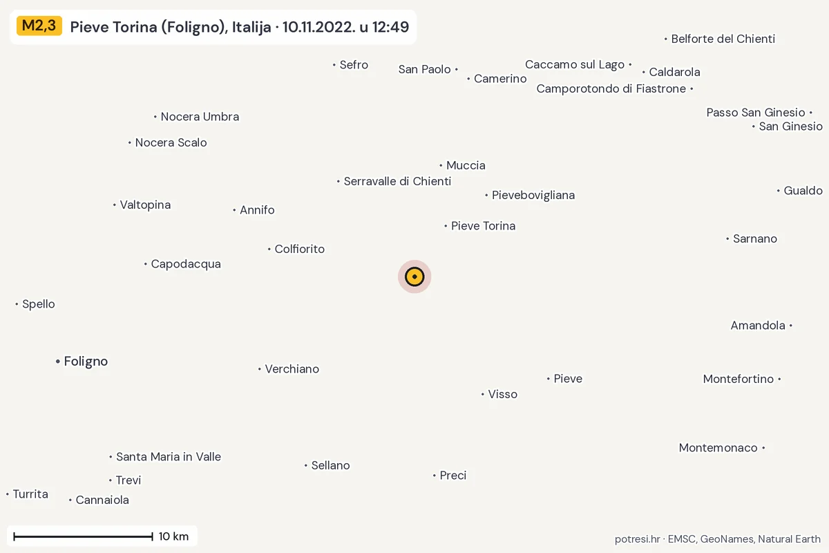 Karta: okolica epicentra, 60 km, potres M2,3, Pieve Torina (Foligno), Italija, 10.11.2022.