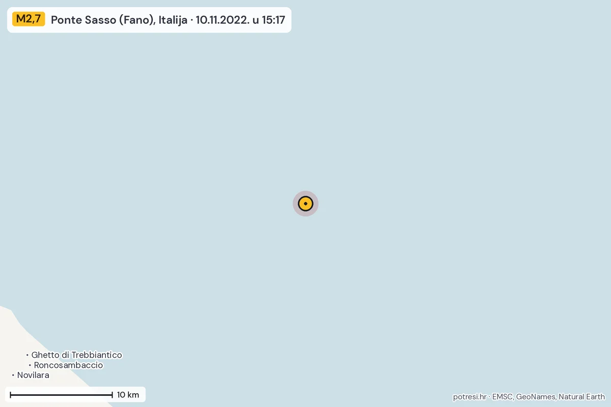 Karta: okolica epicentra, 60 km, potres M2,7, Ponte Sasso (Fano), Italija, 10.11.2022.