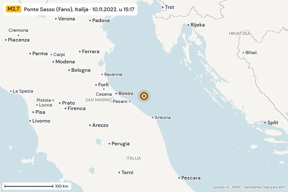 Karta: šire područje, 600 km, potres M2,7, Ponte Sasso (Fano), Italija, 10.11.2022.