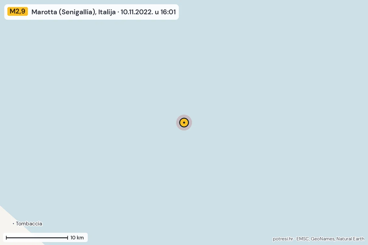 Karta: okolica epicentra, 60 km, potres M2,9, Marotta (Senigallia), Italija, 10.11.2022.