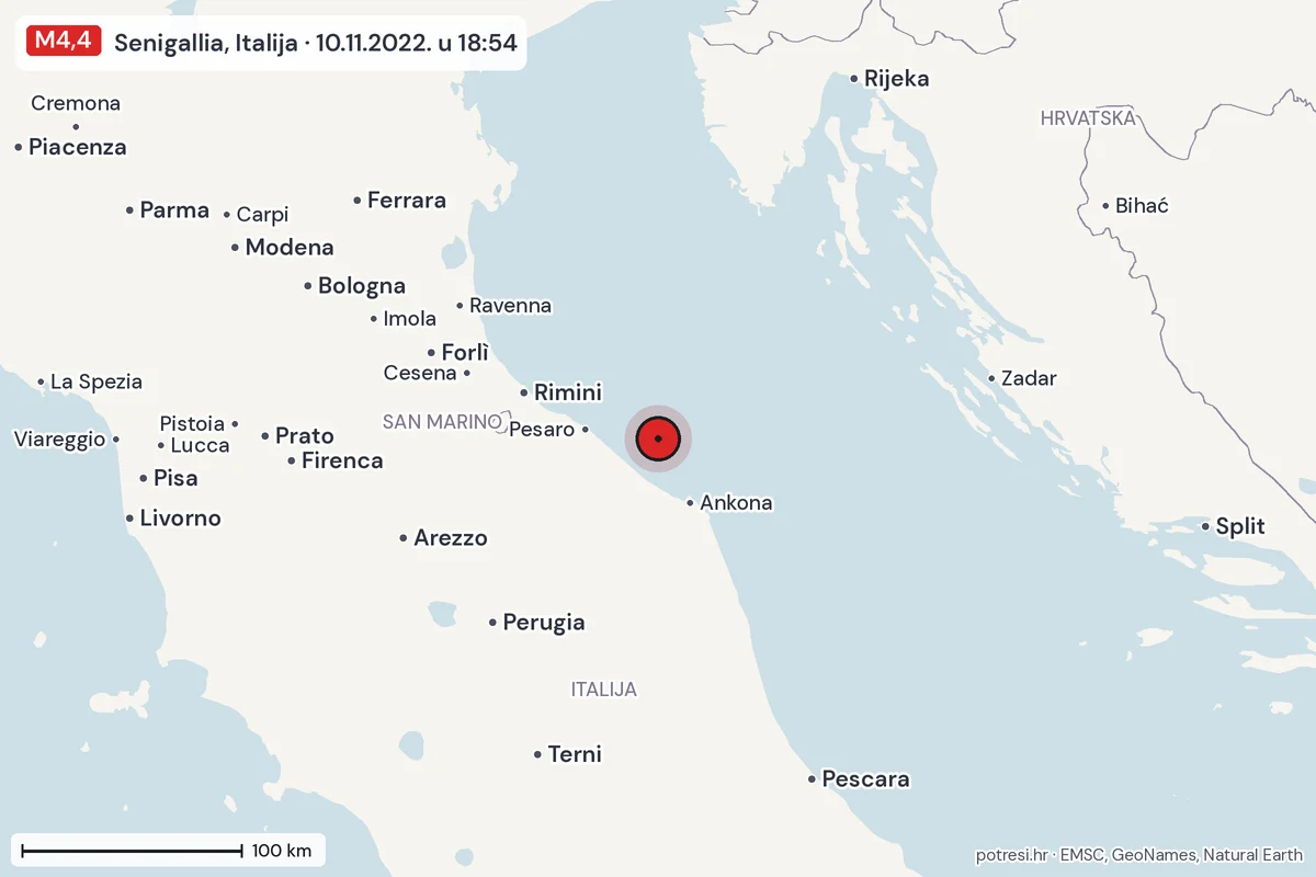 Karta: šire područje, 600 km, potres M4,4, Senigallia, Italija, 10.11.2022.
