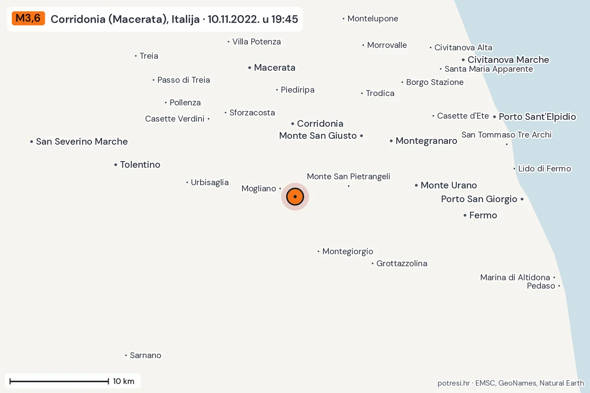 Karta: okolica epicentra, 60 km, potres M3,6, Corridonia (Macerata), Italija, 10.11.2022.