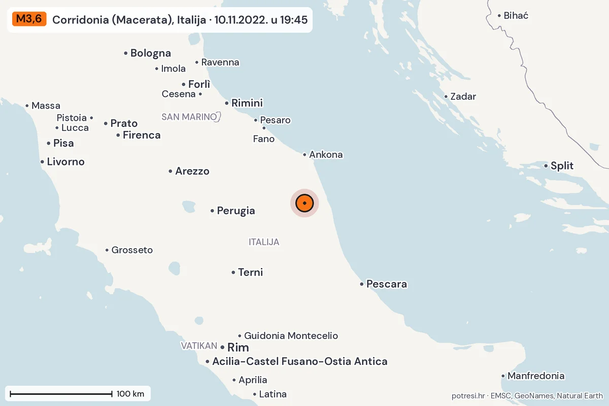 Karta: šire područje, 600 km, potres M3,6, Corridonia (Macerata), Italija, 10.11.2022.