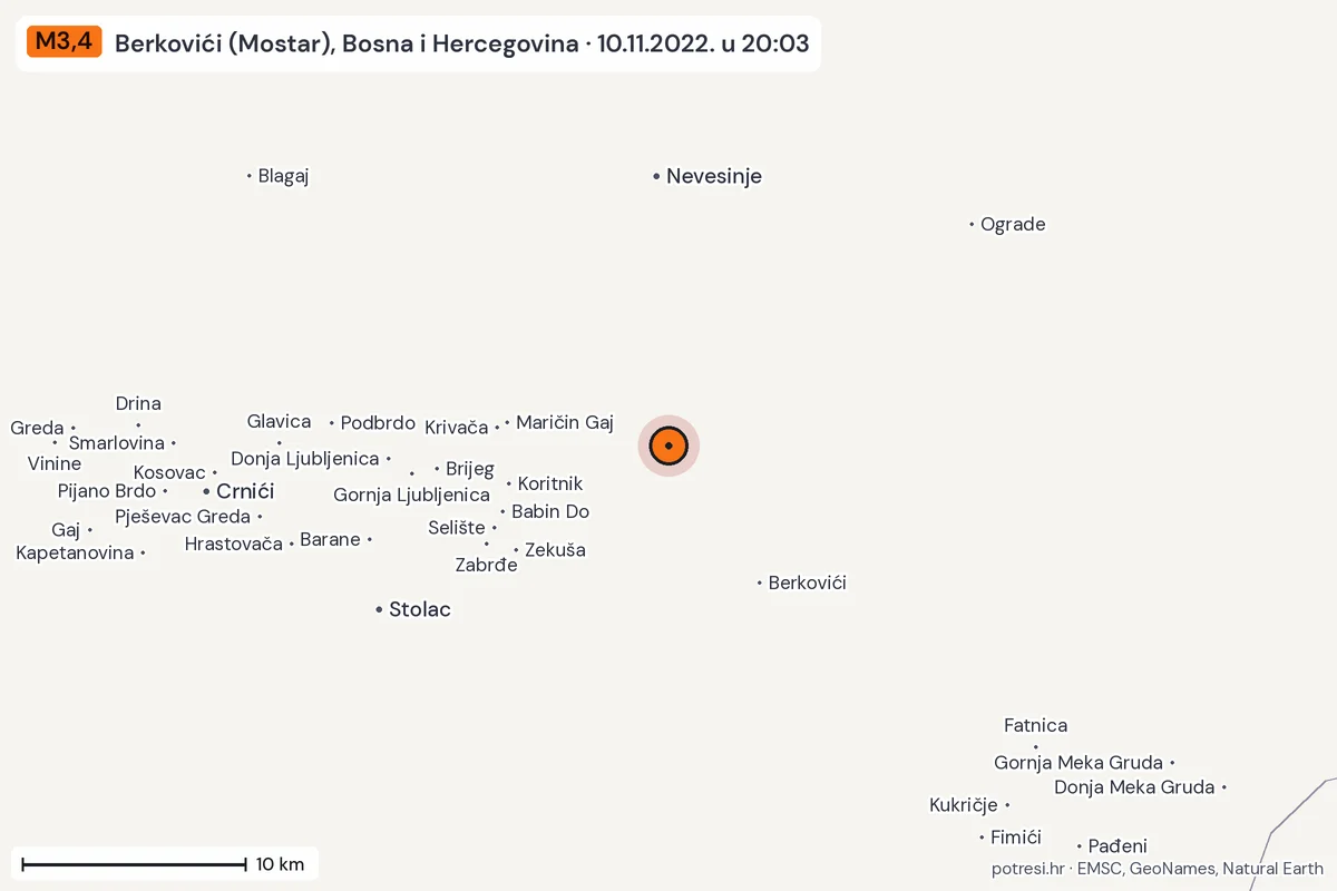 Karta: okolica epicentra, 60 km, potres M3,4, Berkovići (Mostar), Bosna i Hercegovina, 10.11.2022.