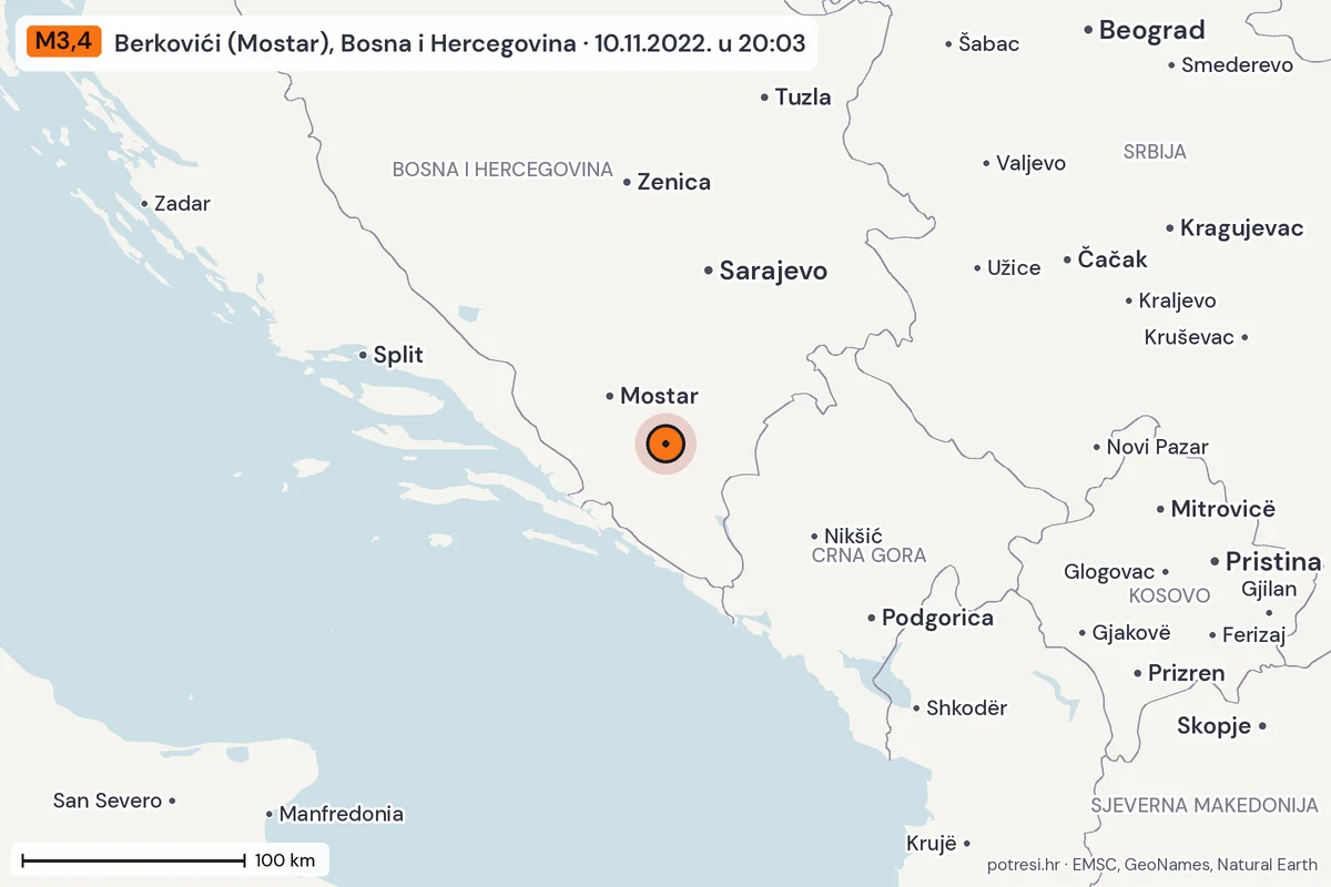 Karta: šire područje, 600 km, potres M3,4, Berkovići (Mostar), Bosna i Hercegovina, 10.11.2022.