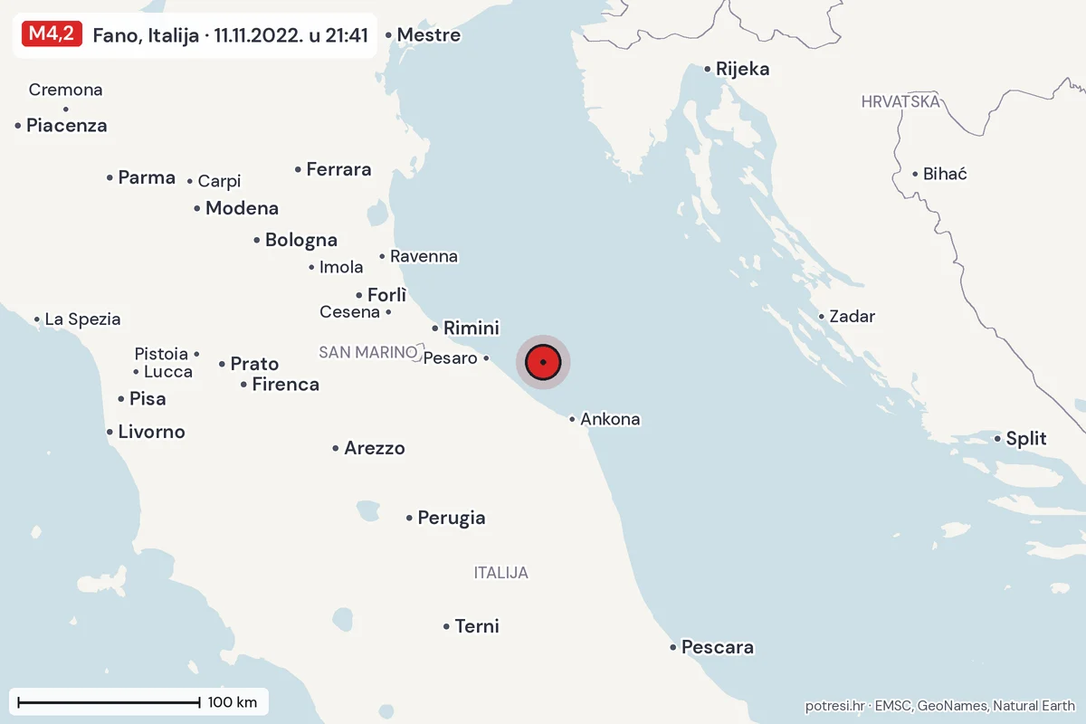 Karta: šire područje, 600 km, potres M4,2, Fano, Italija, 11.11.2022.