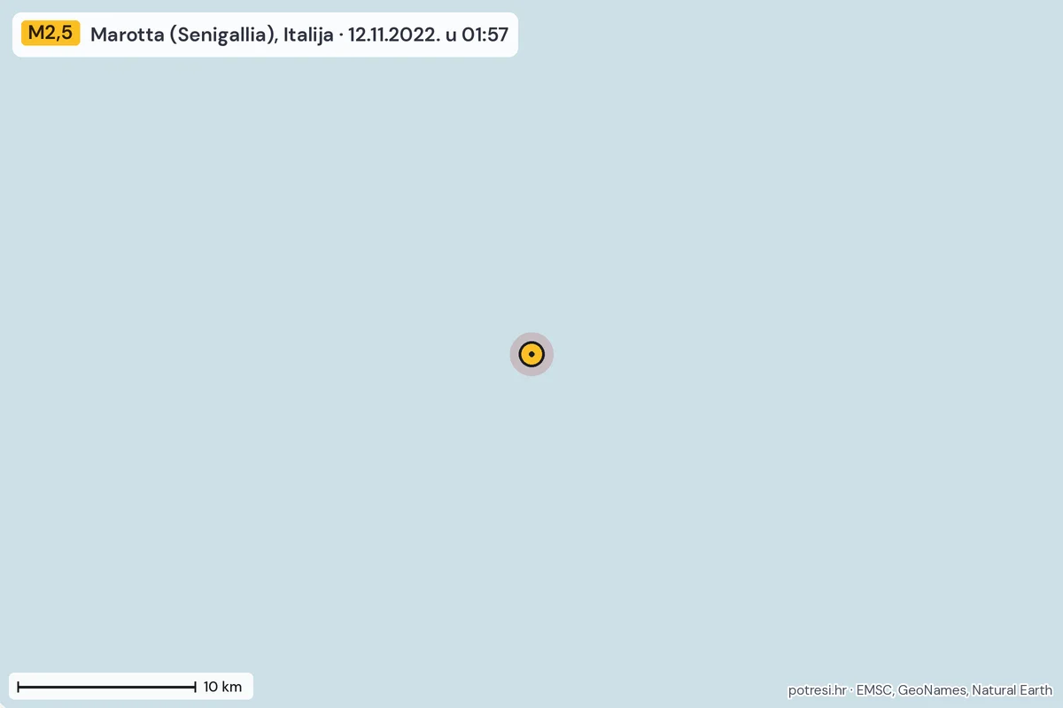 Karta: okolica epicentra, 60 km, potres M2,5, Marotta (Senigallia), Italija, 12.11.2022.