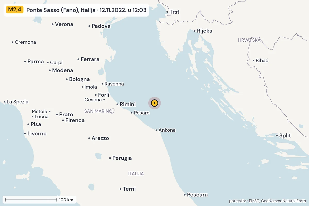 Karta: šire područje, 600 km, potres M2,4, Ponte Sasso (Fano), Italija, 12.11.2022.