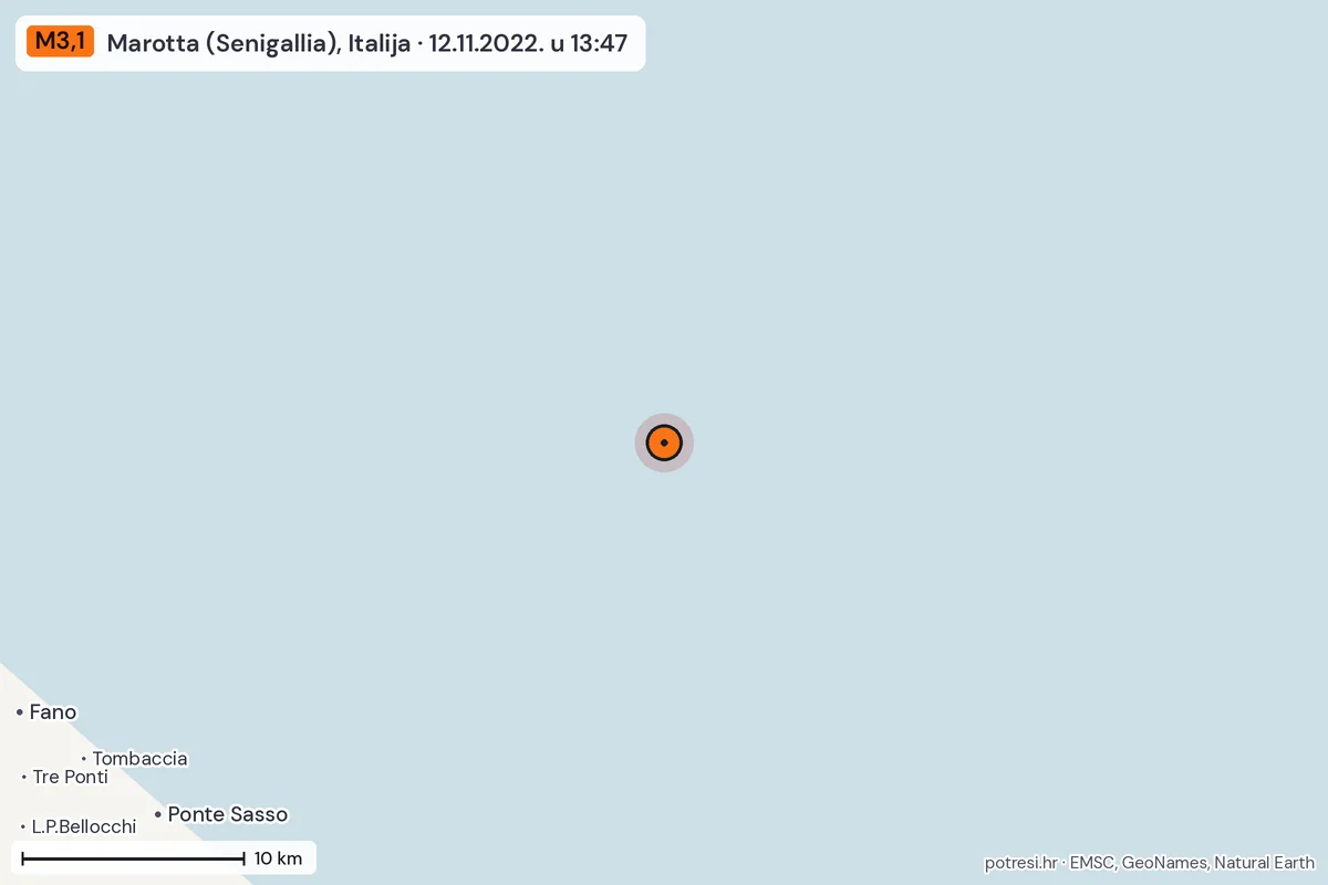 Karta: okolica epicentra, 60 km, potres M3,1, Marotta (Senigallia), Italija, 12.11.2022.