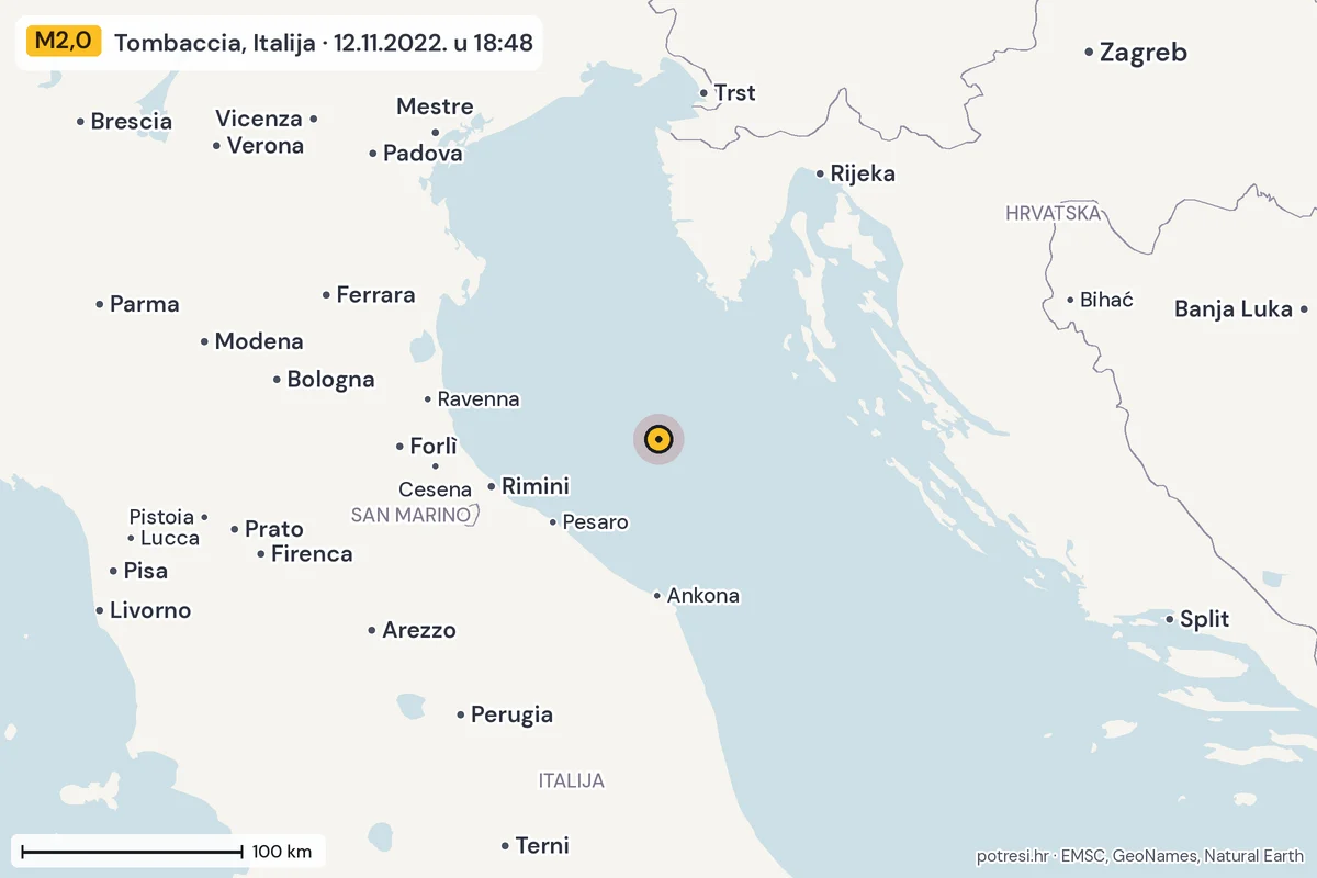 Karta: šire područje, 600 km, potres M2,0, Tombaccia, Italija, 12.11.2022.