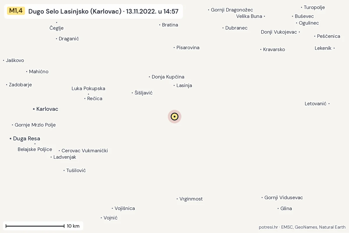 Karta: okolica epicentra, 60 km, potres M1,4, Dugo Selo Lasinjsko (Karlovac), 13.11.2022.