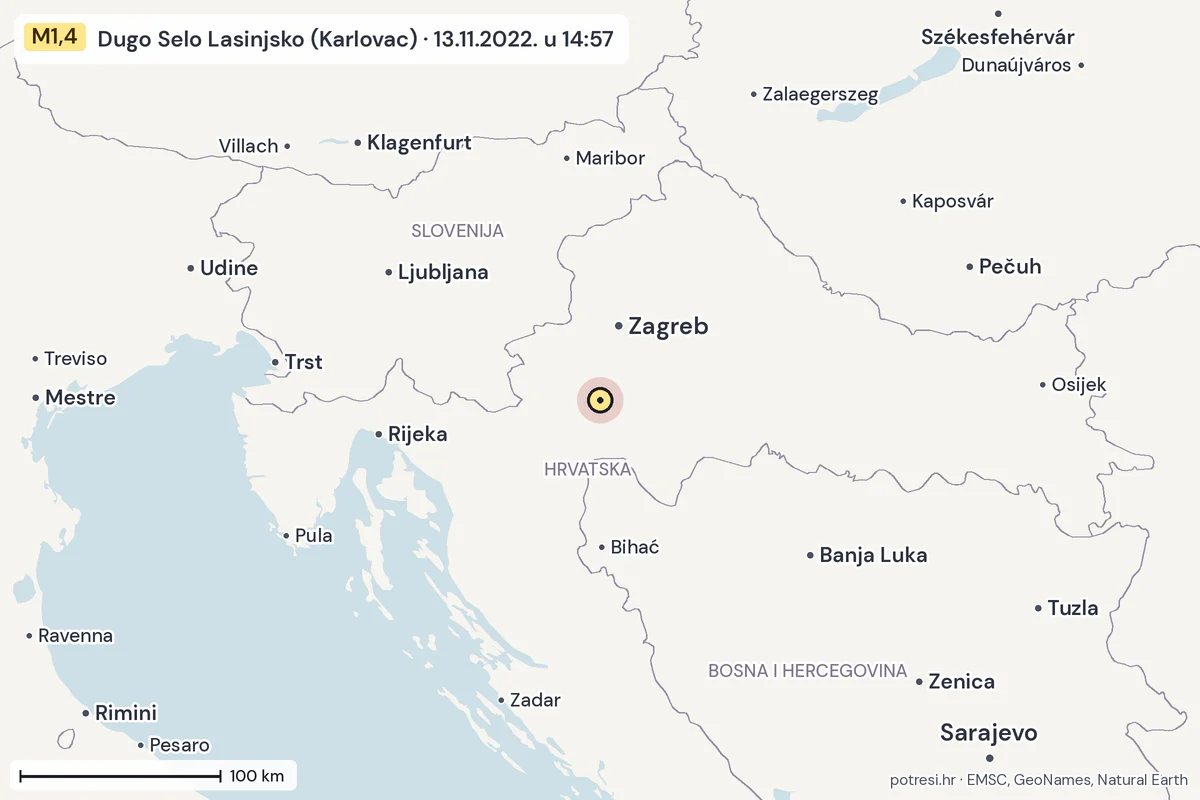 Karta: šire područje, 600 km, potres M1,4, Dugo Selo Lasinjsko (Karlovac), 13.11.2022.