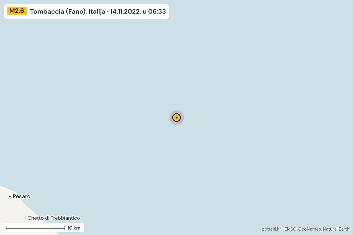 Karta: okolica epicentra, 60 km, potres M2,6, Tombaccia (Fano), Italija, 14.11.2022.