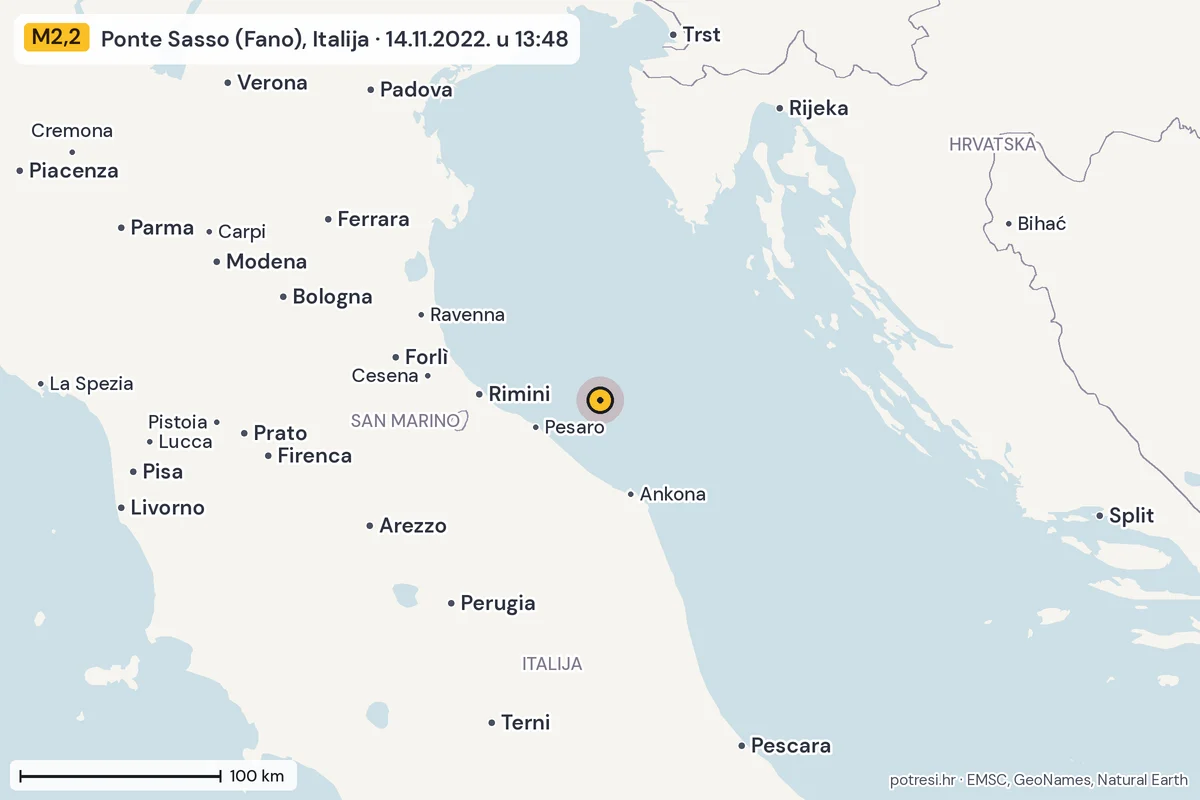 Karta: šire područje, 600 km, potres M2,2, Ponte Sasso (Fano), Italija, 14.11.2022.