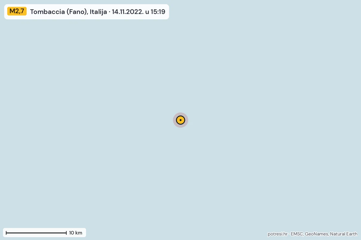 Karta: okolica epicentra, 60 km, potres M2,7, Tombaccia (Fano), Italija, 14.11.2022.