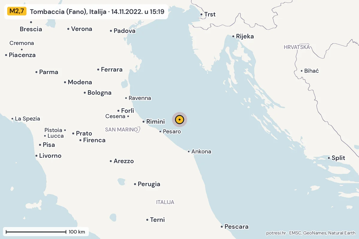 Karta: šire područje, 600 km, potres M2,7, Tombaccia (Fano), Italija, 14.11.2022.