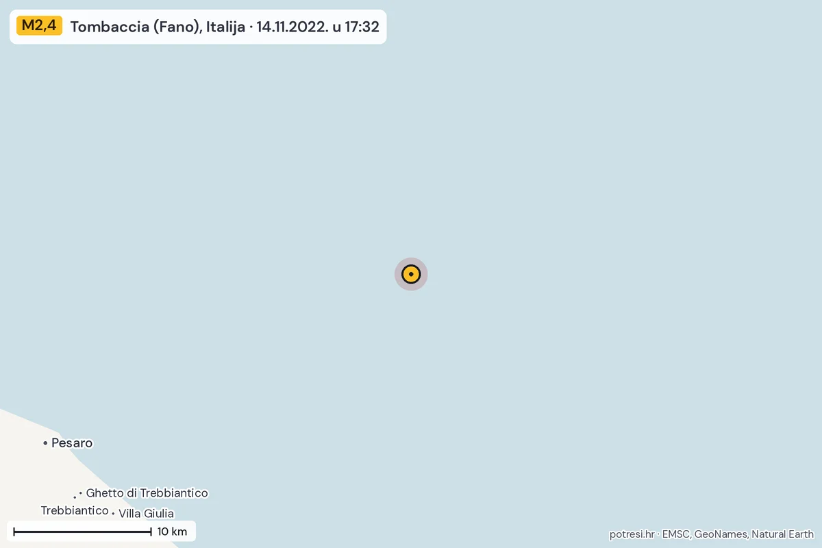 Karta: okolica epicentra, 60 km, potres M2,4, Tombaccia (Fano), Italija, 14.11.2022.